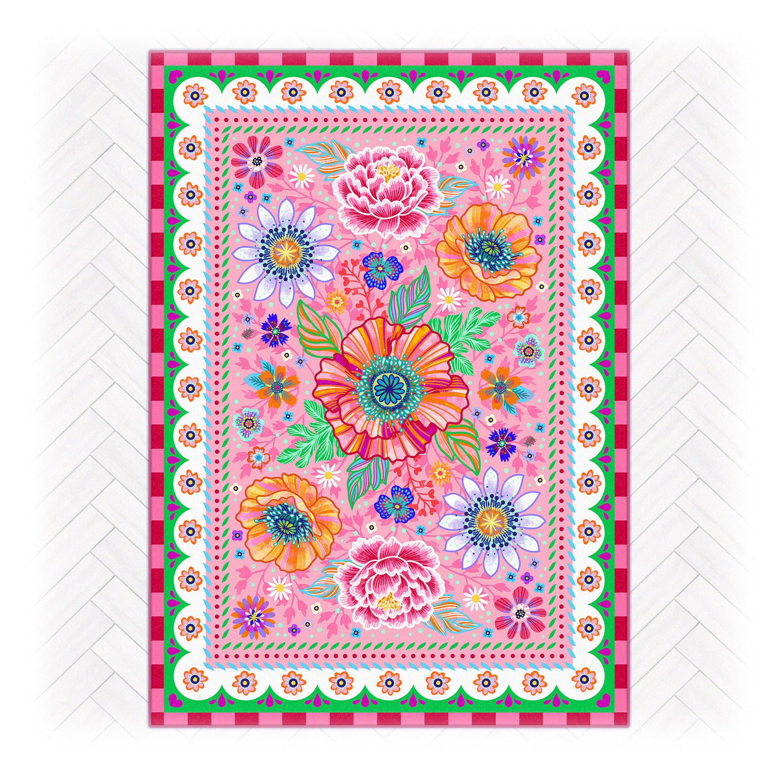 Superweicher Teppich im Design von Bine Brändle mit dem Motiv Blumenmeer Rosa, lebendig und dekorativ gestaltet.