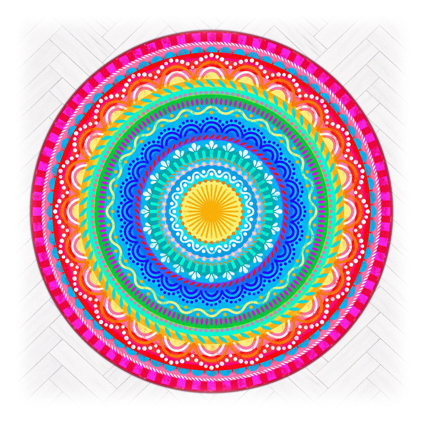 Superweicher runder Teppich im Design von Bine Brändle mit dem Motiv Regenbogenmandala, farbenfroh und harmonisch gestaltet.