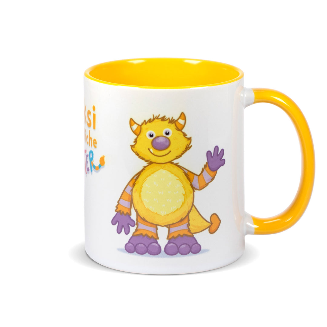 Keramiktasse mit gelbem Henkel und gelbem Innenrand, Motiv zeigt das gelbe Monster „Glucksi“ vollständig von vorne.